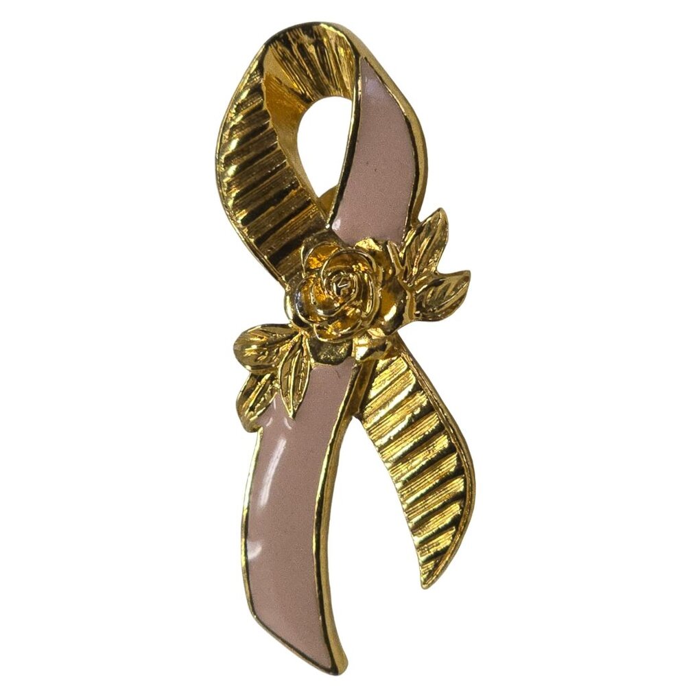 Vintage Avon Pink Ribbon Gold-Tone Rose Brooch Awareness Lapel Pin
